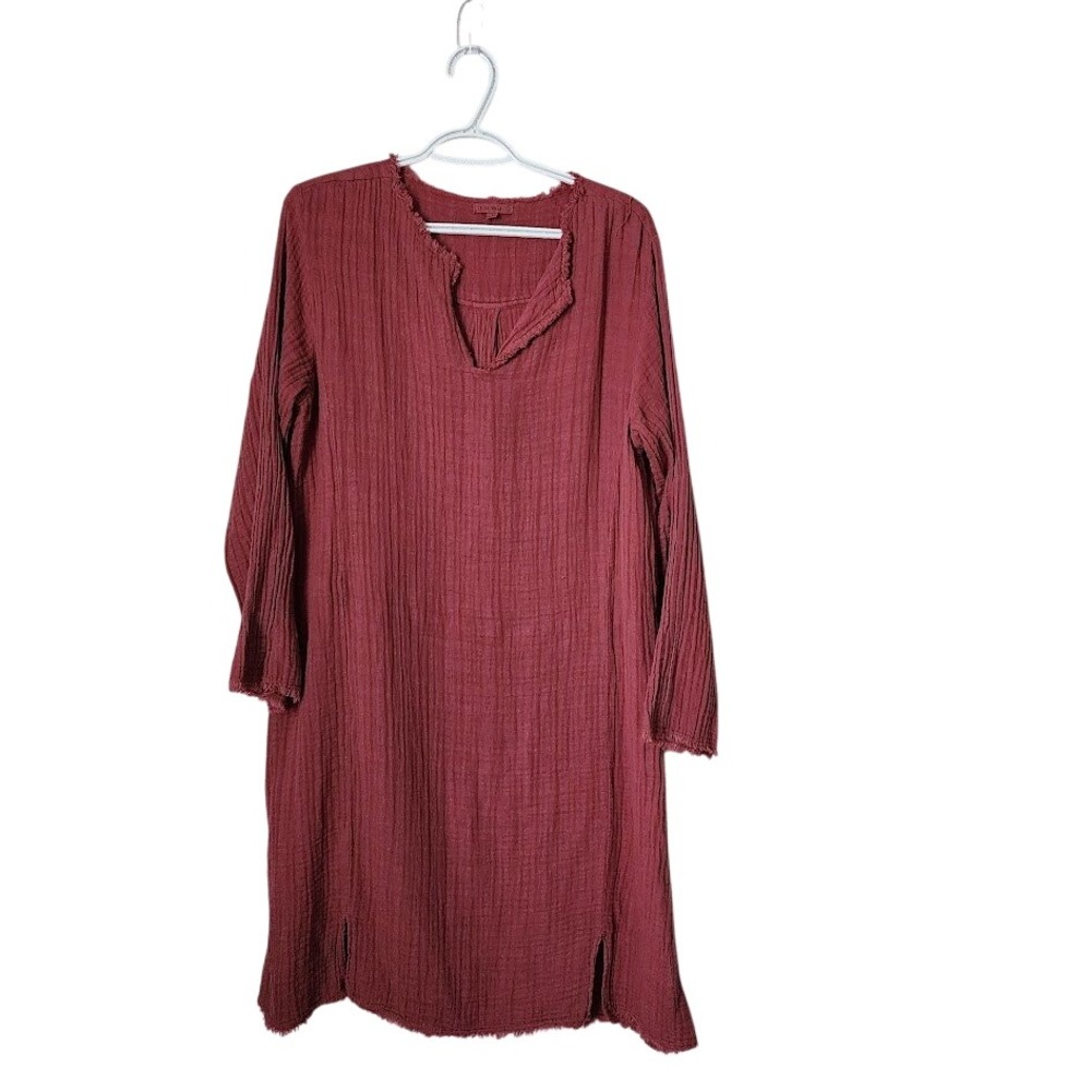 IT IS WELL‎ Gauze Cotton Split Neck relaxed raw hem dress Lagenlook mauve S